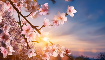 Poster - spring tree with pink flowers almond blossom on a branch background on sunset sky with daily light with sun flare