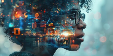 Leinwandbilder - Profile of a woman with a digital overlay, symbolizing the integration of advanced technology and artificial intelligence in the modern world, Generative Ai
