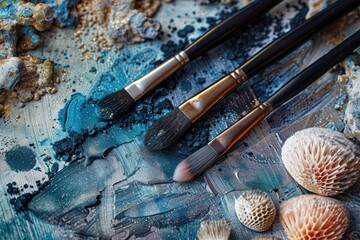 Wall Mural - Close-up view of three brushes on a table, possibly for painting or art-related activities