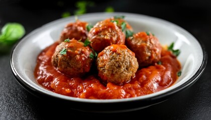 Wall Mural - meatballs with melted tomato sauce on a bowl with a black and blur background