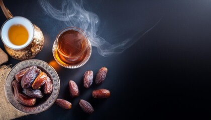 Canvas Print - ramadan food and drinks concept ramadan tea and dates fruits on dark background