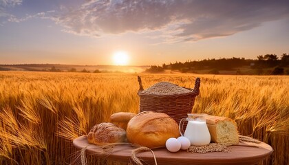 Canvas Print - morning sunrise in wheat field with bread and baking ingredients