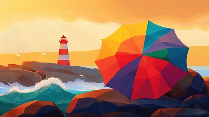 Wall Mural -  A vibrant umbrella rests atop a rock beside a beaconing lighthouse, casting a red glow in the background