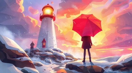 Sticker -   A person holds an umbrella, standing before a lighthouse atop a snow-covered hill