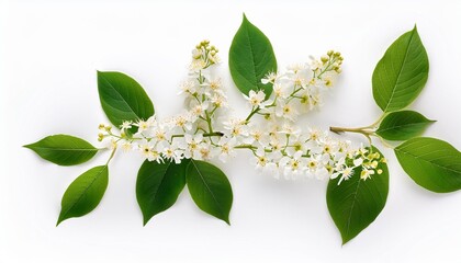 Poster - bird cherry stems with blooming flowers isolated on the white background top view