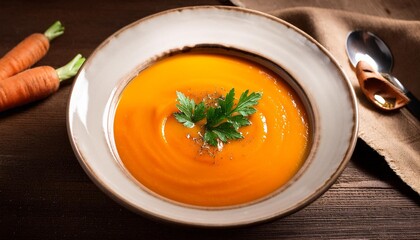 Poster - carrot cream soup on the wood table