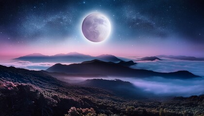 Poster - dreamscapes the night star nebulae month and moon mountains fog unreal fantasy world