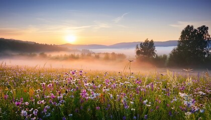 Canvas Print - beautiful field with colorful wild flowers foggy landscape at sunrise or dawn