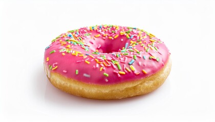 Sticker - pink donut with colorful sprinkles isolated on white background side view