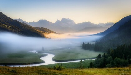 Sticker - a picturesque valley covered in a blanket of fog with mountains rising in the background and a river meandering through