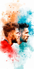 watercolor illustration of two intense rugby players facing off, their profiles set against a vibrant backdrop of orange and blue splashes, symbolizing competition and team rivalry.