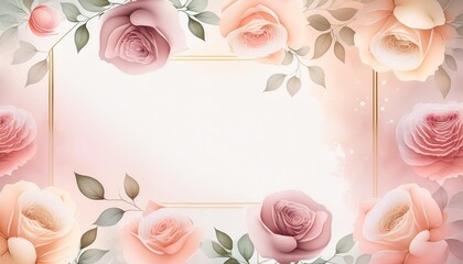 Poster - watercolor frame with transparent rose flowers on pastel color generate ai image