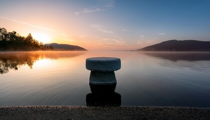 Canvas Print - capture the serene beauty of nature with a photo featuring a stone pedestal display standing gracefully on the surface of a tranquil lake surrounded by the majestic backdrop of morning sky