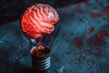 Sticker - Red Brain Lightbulb in a Dark Setting Illuminating Deep Thoughts and Intense Creativity.