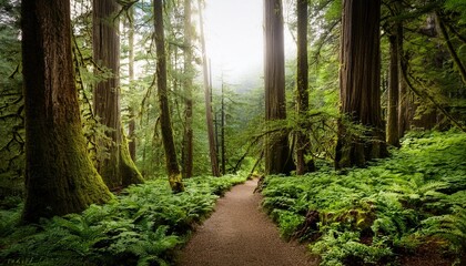 Sticker - hiking trail amidst lush pacific northwest forest with green trees and natural landscape