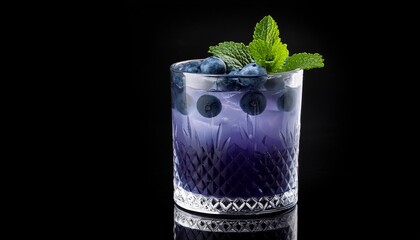 Poster - blueberry cocktail isolated on a black background decorated with mint