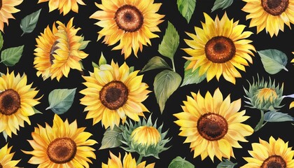 Sticker - watercolor sunflowers summer vintage seamless pattern natural yellow floral texture on black background