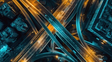 Top view and curvy of Highway overpass with beautiful city background. night scene.