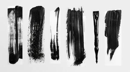 Poster - This image features a diverse array of abstract black paint strokes, each with unique textures and patterns, set against a clean white background.