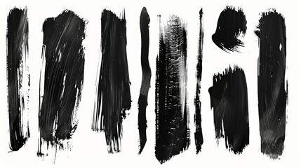 Fototapete - A collection of dynamic black brushstrokes with varying shapes and textures, presented on a stark white backdrop, revealing creativity and motion.