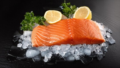 Sticker - salmon fish and ingredients on ice on a black stone table top vi