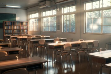 Sticker - Sunlight Streaming Through Empty Classroom Desks in Afternoon