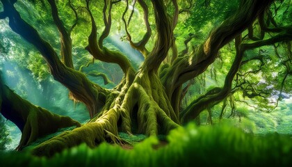 Wall Mural - vertical photo of an old tree in a green forest