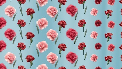 Poster - seamless pattern with delicate red and pink carnations in old engraving style over blue background