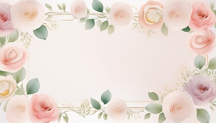 Poster - watercolor frame with transparent rose flowers on pastel color generate ai image