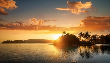 Wall Mural - sunset on the lake tropical island with trees summer vibe background