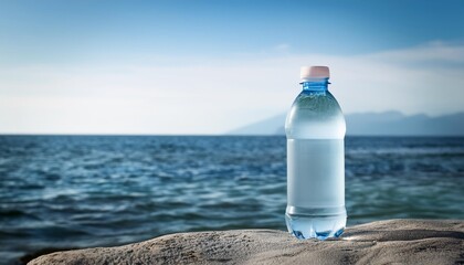 Poster - a blank transparent plastic bottle on ocean background