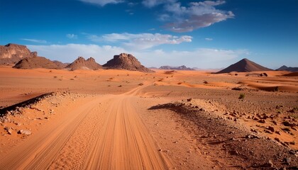 Wall Mural - view of a dirt road leading through the rock and sand desert of southeastern morocco mear merzouga and erg chebbi