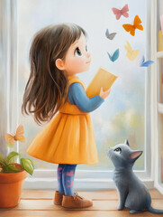 Wall Mural - child book illustration with a cute girl seeing butterflies and a gray cat