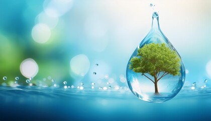 drops of water with tree growing inside in fresh blue watery bokeh background world water day banner concept with copy space