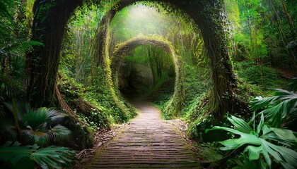 Poster - a portal through jungle a path or natural tunnel in forest green dense trees background