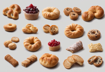 Set collection of different tasty fresh bakery snacks items isolated on transparent background