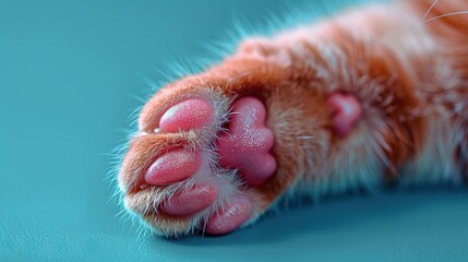 Wall Mural -   A close-up of a cat's paw with its claws visible, reaching out from under its fur on a wooden table