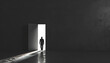 © Steven - Silhouette of a man walking through an open door towards a bright light in a dark, minimalist room, symbolizing hope and new beginnings.