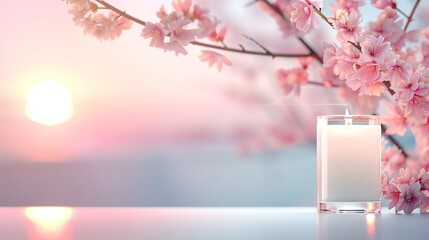 Canvas Print -   A close-up of a candle on a table in front of a vase of flowers with a blurry background