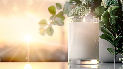 Poster -   A glass of milk sits by a plant, while a vase holding flowers graces the table under golden sunlight