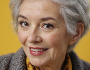 Stylish and Sophisticated Senior Woman Smiling Radiantly in Vibrant, EyeCatching Attire