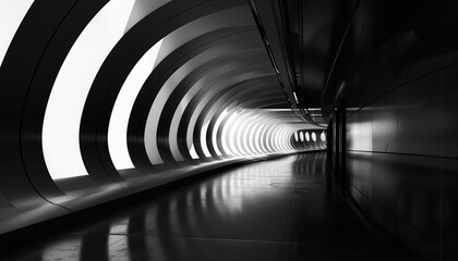 Modern, futuristic tunnel with sleek, curved architecture, illuminated by contrasting light patterns, creating a sci-fi atmosphere.