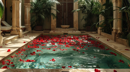 Sticker - A pool with red petals scattered across the bottom. The sun is setting in the background, casting a warm glow over the scene