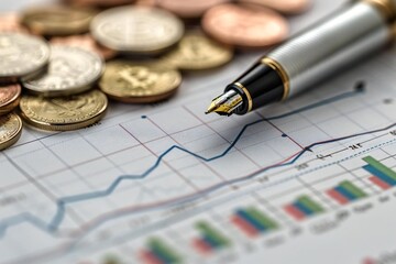 Image of pen and coins with graphs on desk