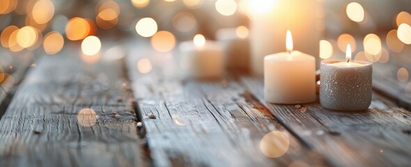 Poster - Softly Glowing Candles on Rustic Wooden Table in Warm Evening Light