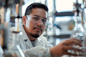 Aufkleber - A scientist wearing a lab coat and protective eyewear examines chemical reactions in the lab, highlighting the focused study and meticulous analysis involved in research.