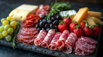 Wall Mural - A black tray with a variety of meats and cheeses, including ham, salami