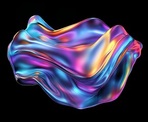 Bold holographic liquid blob shape isolated. Iridescent wavy melted substance on black background