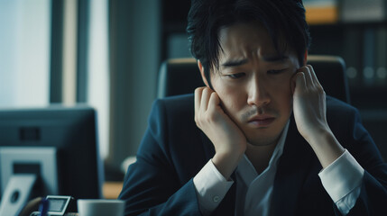 Disheartened Japanese Young Businessman Reacting to Failing Exam Results with Hyperrealism Portrayal