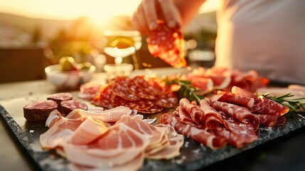 Wall Mural -   A table adorned with a variety of meats and cheeses, accompanied by a person pouring wine into a glass